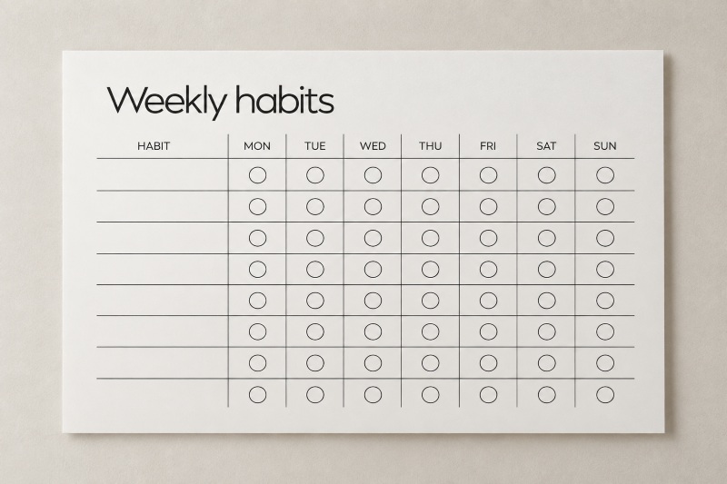 A printable weekly habit tracker with eight habit rows and circles to tick off for each day of the week.