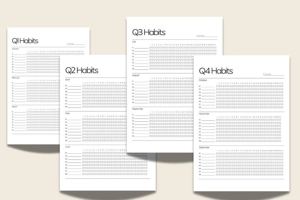 Four minimalist printable pages titled Q1, Q2, Q3 and Q4 Habits, each with three months of daily habit circles.